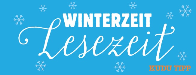 hellblaue Grafik, darauf sind weiße Schneeflocken zu sehen, die Headline lautet Winterzeit. Lesezeit